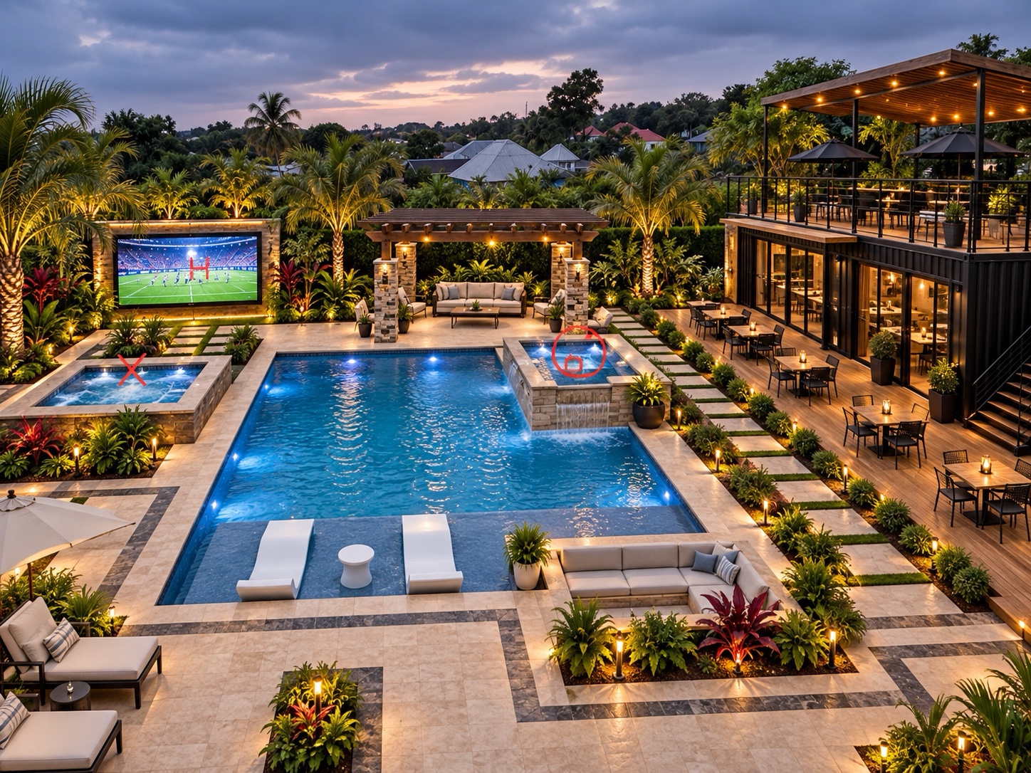 User-selected resort concept showing the pool, outdoor TV, and dining terrace